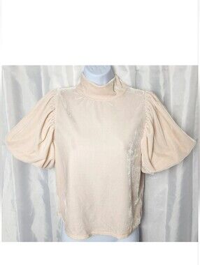 Free People Velvet Puff Sleeve Top Mock Neck Sz XS Claudia Pink Coquette Boho